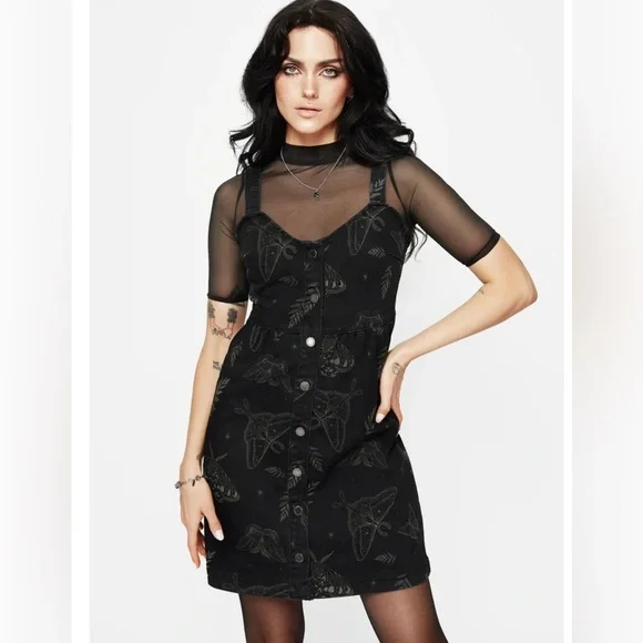 NWT Disturbia Callopistria Moth Print Denim Mini Apron Dress size 10 - Picture 7 of 12